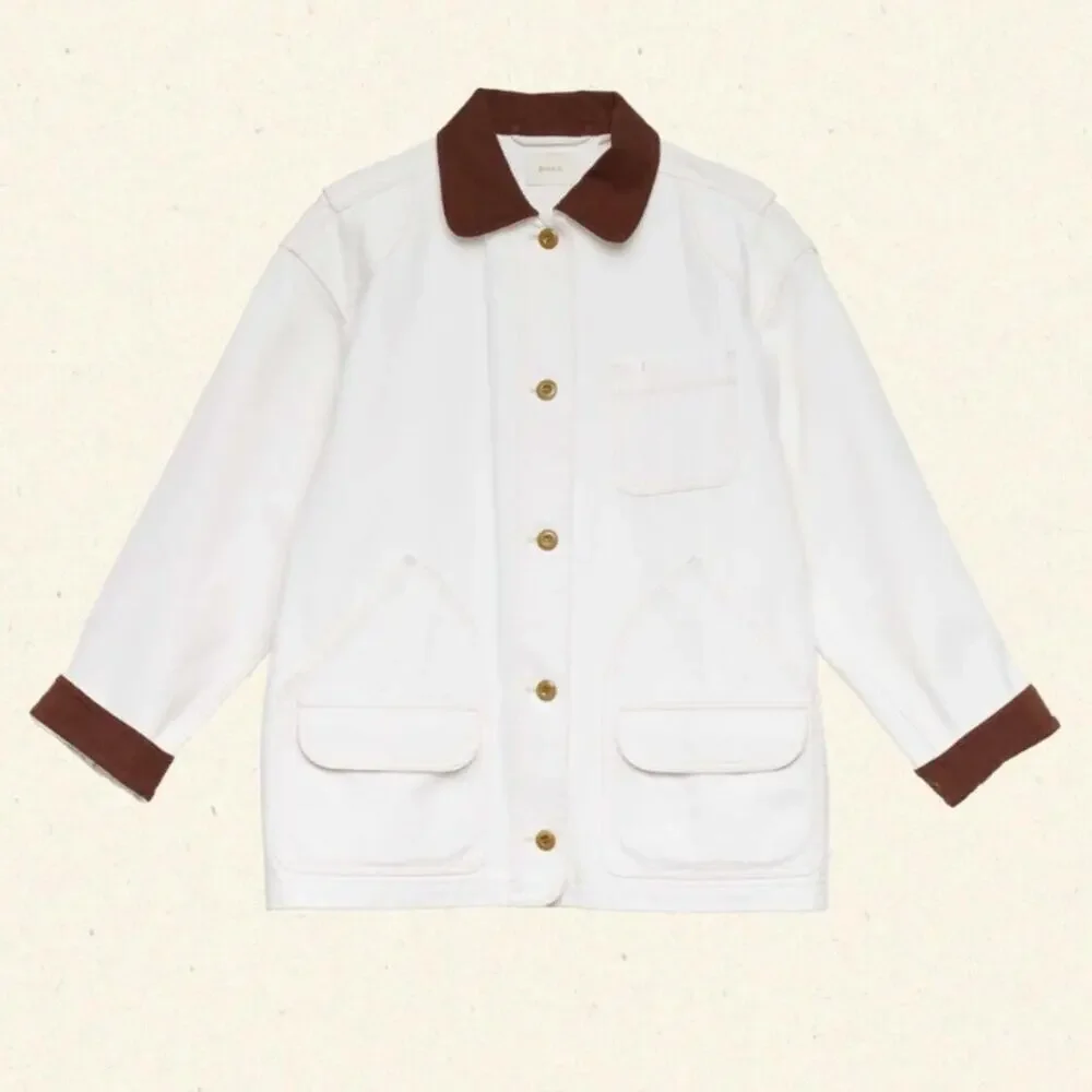 NWT Doen Pascual Cotton Denim Jean Corduroy Collar Button Barn Jacket Salt White